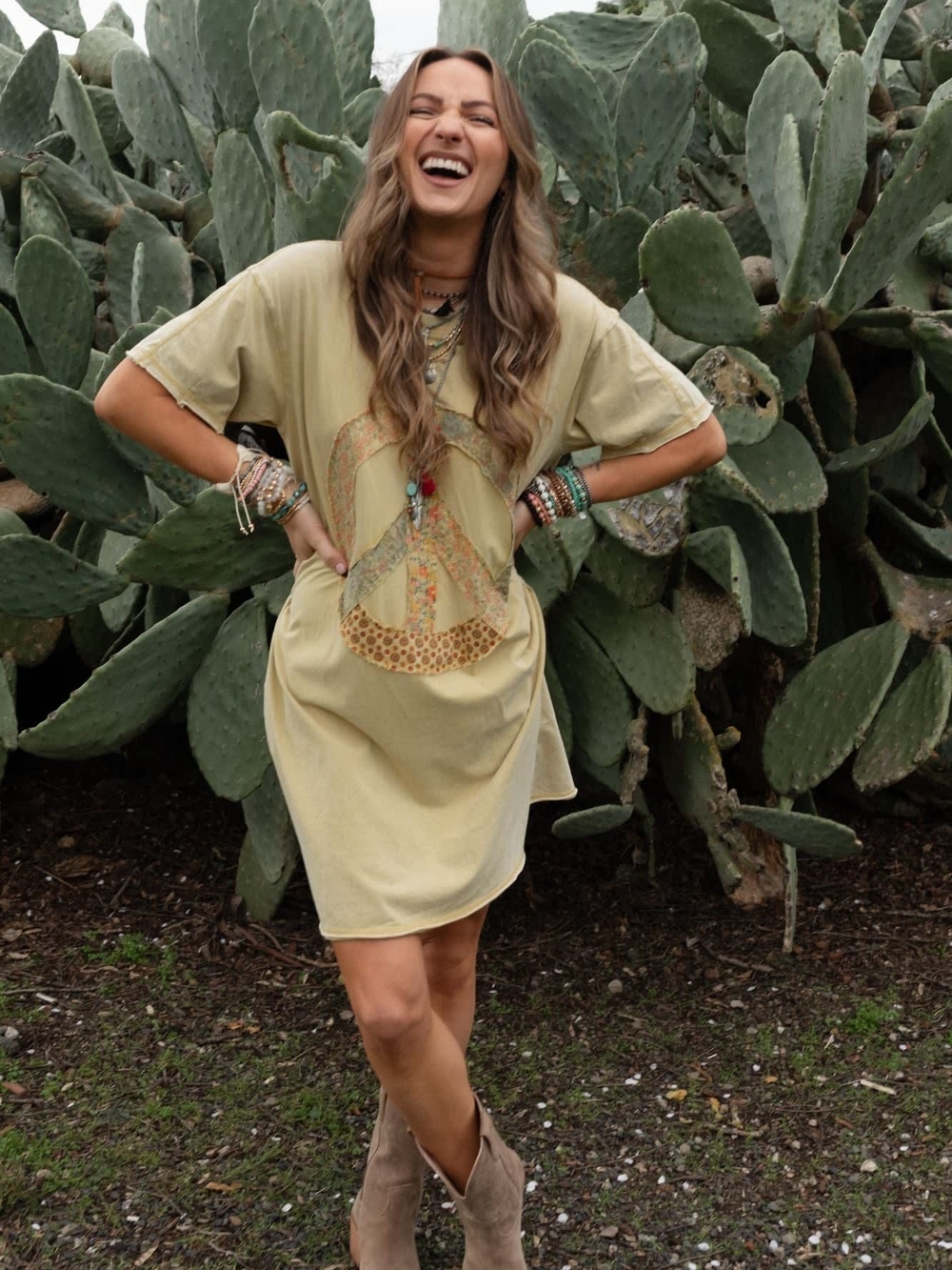 Yellow Patchwork Peace Sign Tunic Dress With Pockets Three Bird Nest - Picture 7 of 9